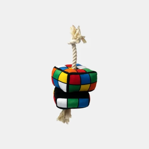 Robix Cube Dog Toy Squeaky Plush with Tug Rope for Interactive Play